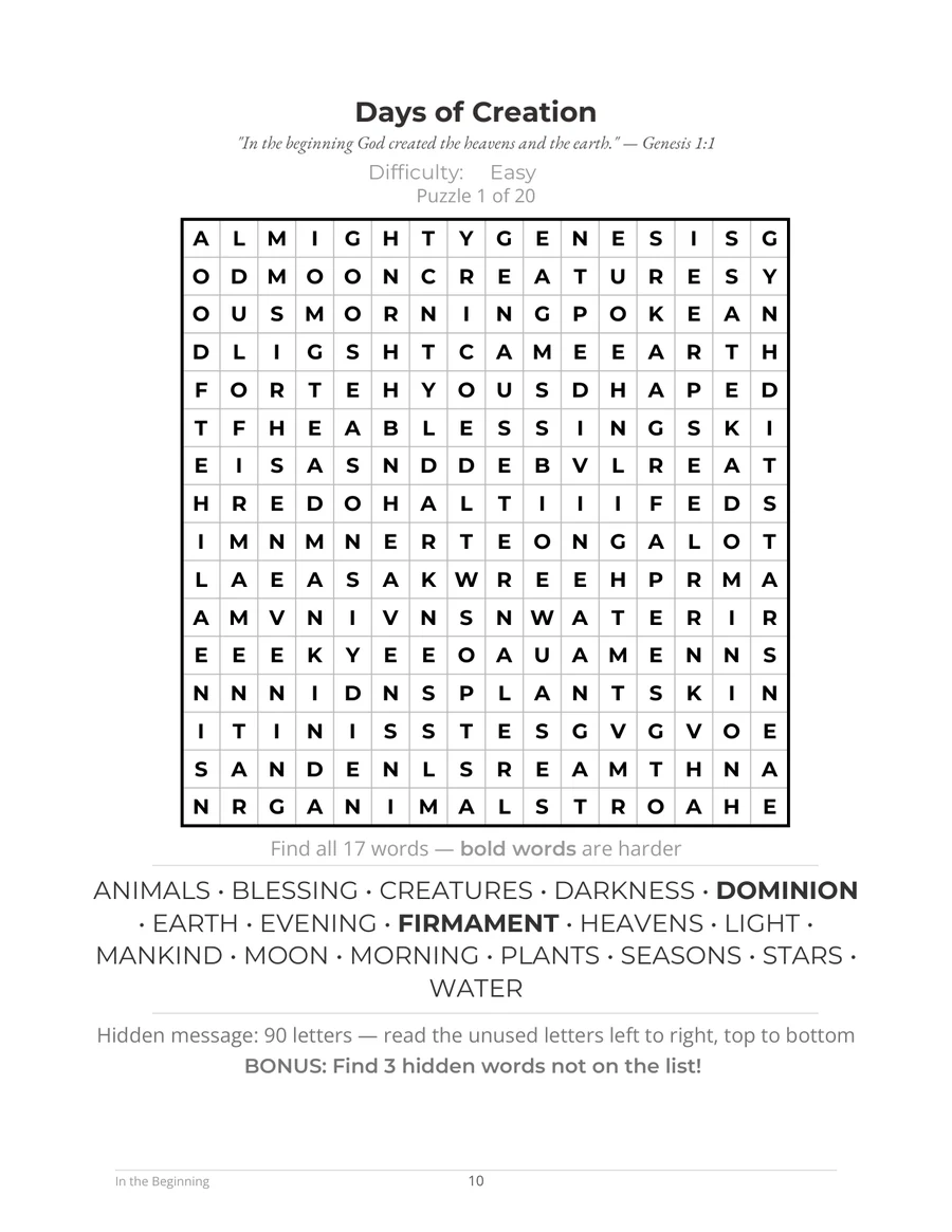 Sample large-print puzzle page from Bible Word Search Discovery — the Days of Creation word search on Genesis 1:1, with a bold word list and a hidden prayer.