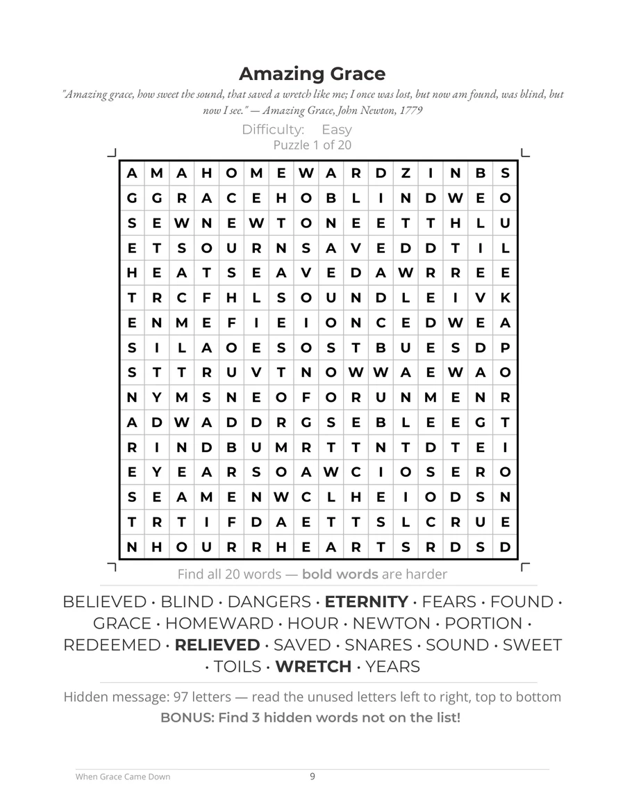 Sample large-print puzzle page from Hymns Word Search — the Amazing Grace word search with the opening verse quoted, a bold word list, and a hidden hymn verse.